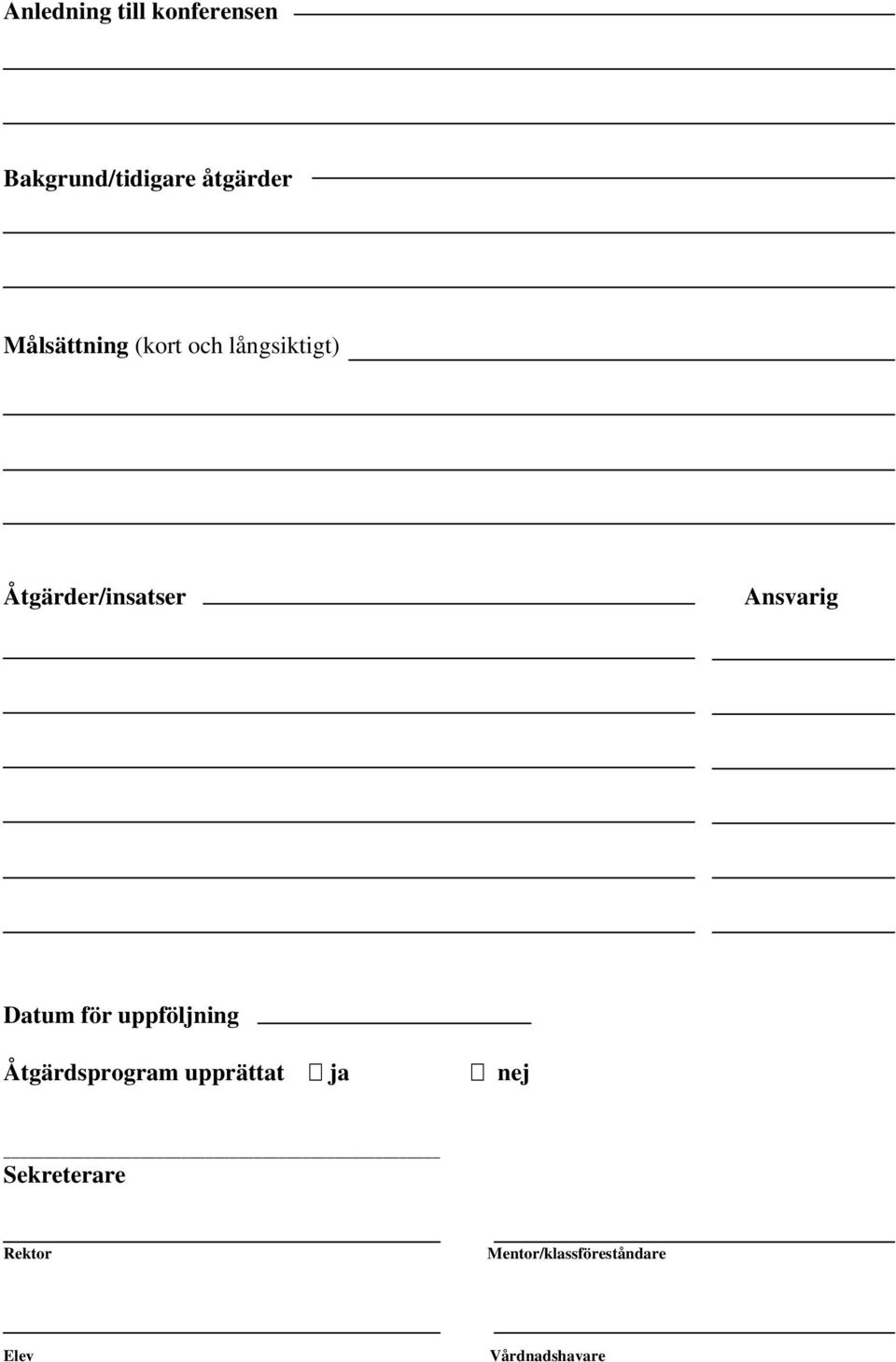 Ansvarig Datum för uppföljning Åtgärdsprogram upprättat ja