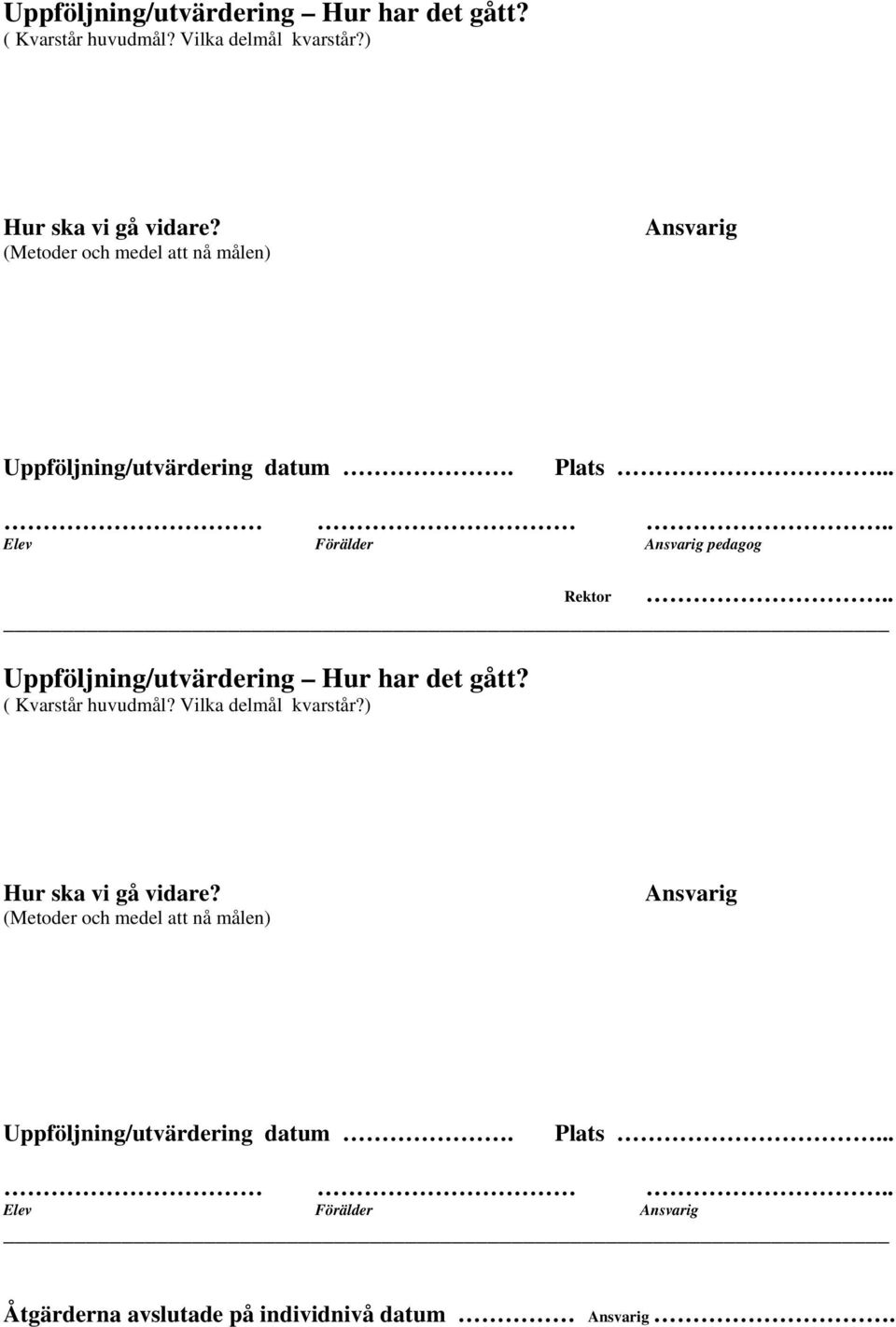 .  (Metoder och medel att nå målen) Ansvarig Uppföljning/utvärdering datum. Plats.