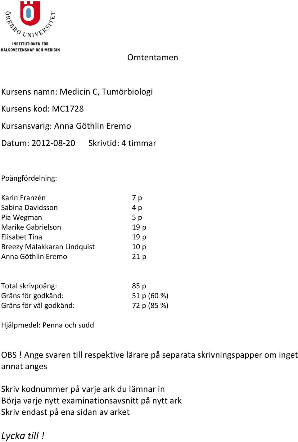 skrivpoäng: 85 p Gräns för godkänd: 51 p (60 %) Gräns för väl godkänd: 72 p (85 %) Hjälpmedel: Penna och sudd OBS!