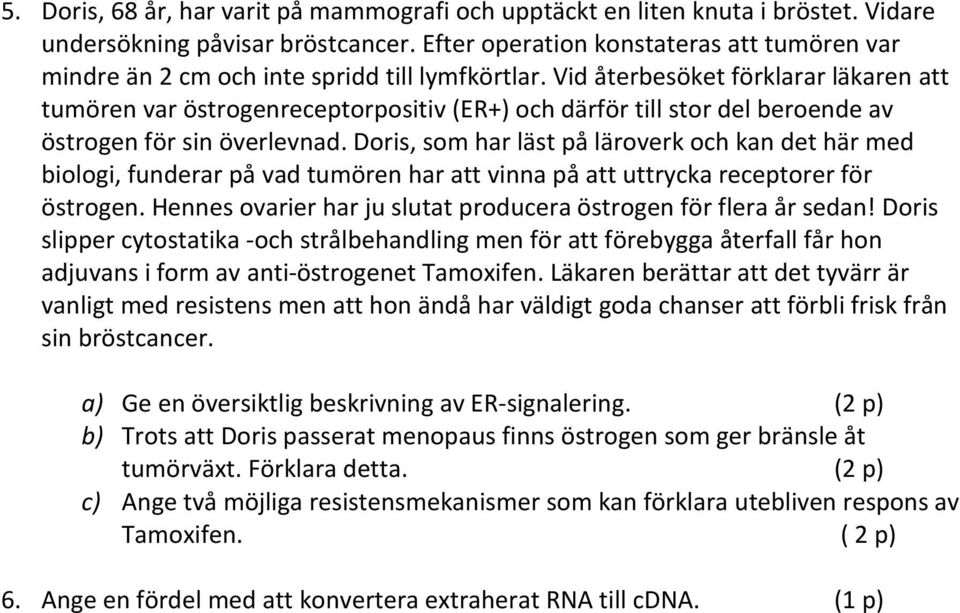 Vid återbesöket förklarar läkaren att tumören var östrogenreceptorpositiv (ER+) och därför till stor del beroende av östrogen för sin överlevnad.