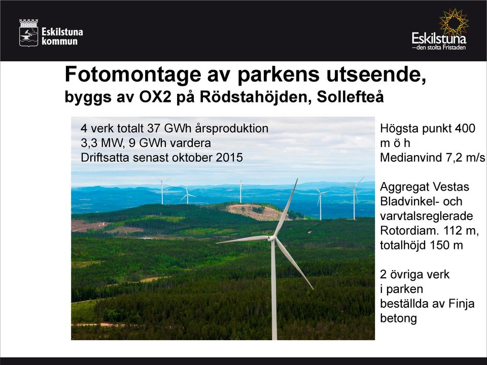 Högsta punkt 400 m ö h Medianvind 7,2 m/s Aggregat Vestas Bladvinkel- och