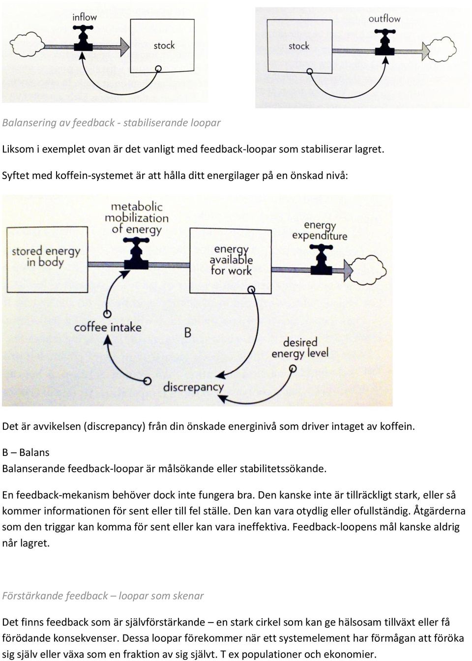 B Balans Balanserande feedback-loopar är målsökande eller stabilitetssökande. En feedback-mekanism behöver dock inte fungera bra.