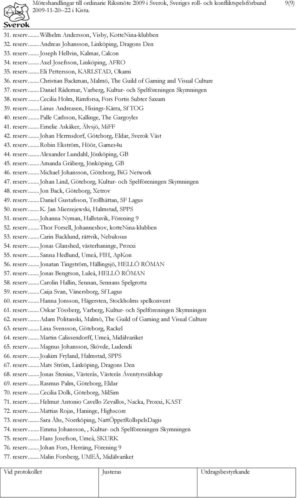 reserv... Daniel Rådemar, Varberg, Kultur- och Spelföreningen Skymningen 38. reserv... Cecilia Holm, Rimforsa, Fors Fortis Subter Saxum 39. reserv... Linus Andreasen, Hisings-Kärra, Sf TOG 40. reserv... Palle Carlsson, Kallinge, The Gargoyles 41.