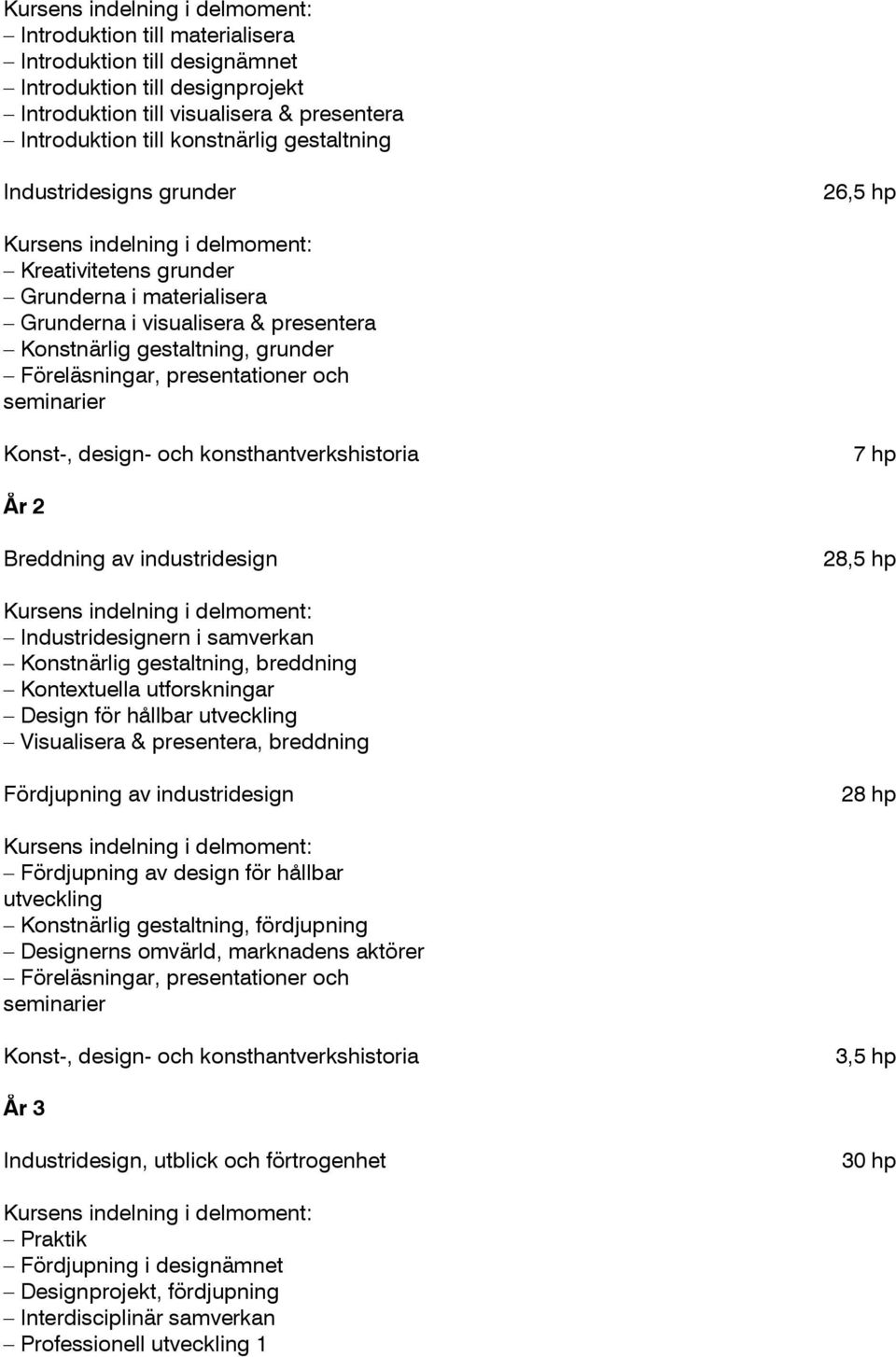 konsthantverkshistoria 7 hp År 2 Breddning av industridesign 28,5 hp Industridesignern i samverkan Konstnärlig gestaltning, breddning Kontextuella utforskningar Design för hållbar utveckling