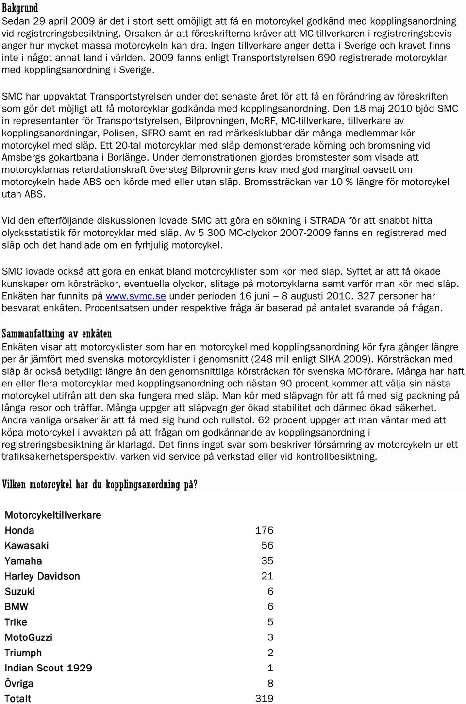 Ingen tillverkare anger detta i Sverige och kravet finns inte i något annat land i världen. 2009 fanns enligt Transportstyrelsen 690 registrerade motorcyklar med kopplingsanordning i Sverige.