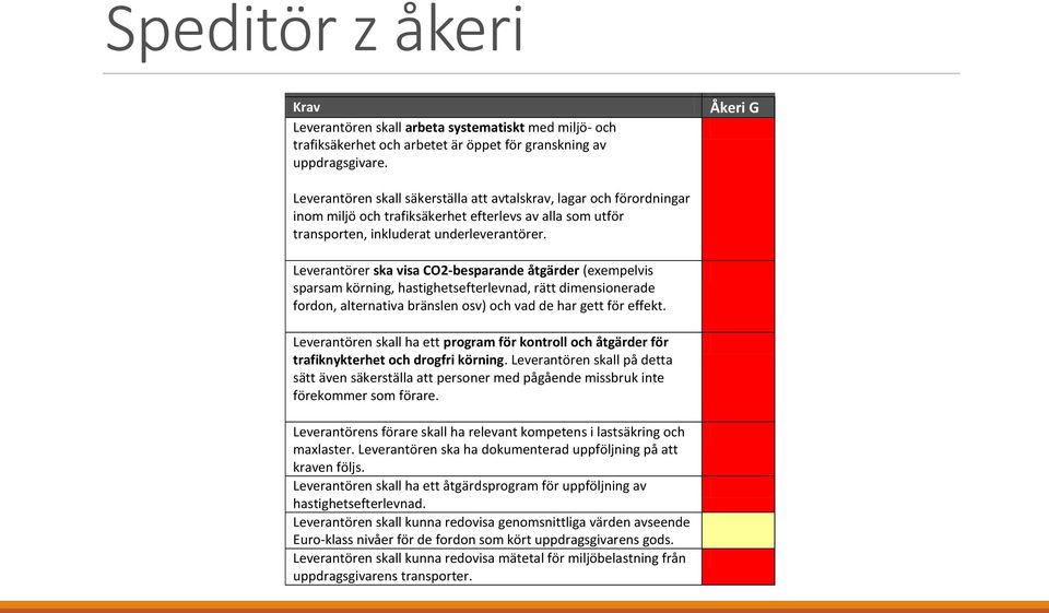 Leverantörer ska visa CO2-besparande åtgärder (exempelvis sparsam körning, hastighetsefterlevnad, rätt dimensionerade fordon, alternativa bränslen osv) och vad de har gett för effekt.