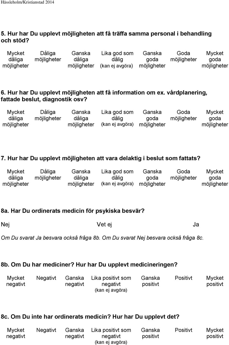 Dåliga Lika god som dålig Goda 8a. Har Du ordinerats medicin för psykiska besvär? Nej Vet ej Ja Om Du svarat Ja besvara också fråga 8b. Om Du svarat Nej besvara också fråga 8c. 8b. Om Du har mediciner?