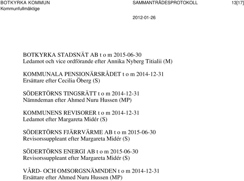 REVISORER t o m 2014-12-31 Ledamot efter Margareta Midér (S) SÖDERTÖRNS FJÄRRVÄRME AB t o m 2015-06-30 Revisorssuppleant efter Margareta Midér (S)