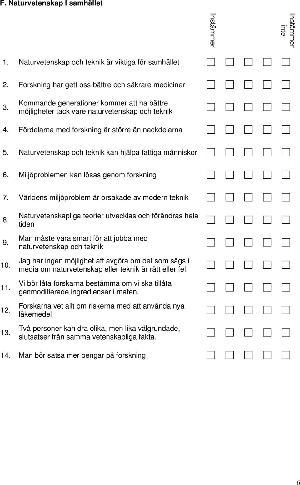 Naturvetenskap och teknik kan hjälpa fattiga människor 6. Miljöproblemen kan lösas genom forskning 7. Världens miljöproblem är orsakade av modern teknik 8. 9. 10. 12. 13.