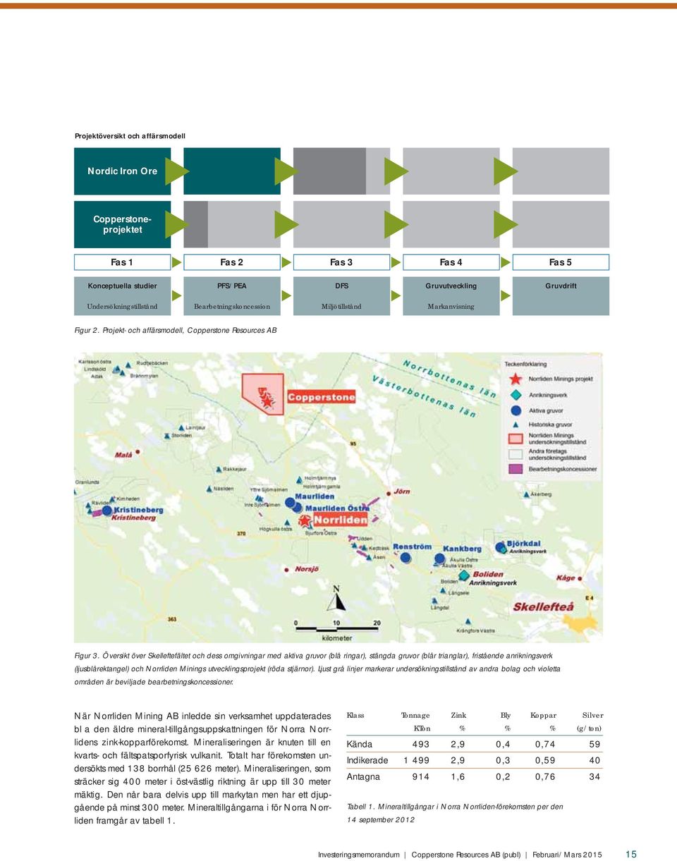 Översikt över Skelleftefältet och dess omgivningar med aktiva gruvor (blå ringar), stängda gruvor (blår trianglar), fristående anrikningsverk (ljusblårektangel) och Norrliden Minings