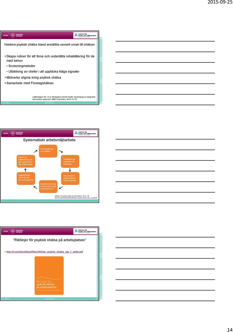 BMC Psychiatry. 2014;14:131. 2015-09-25 Namn Efternamn 40 Systematiskt arbetsmiljöarbete Riktlinjer för psykisk ohälsa på arbetsplatsen, 2015, s.22 http://ki.