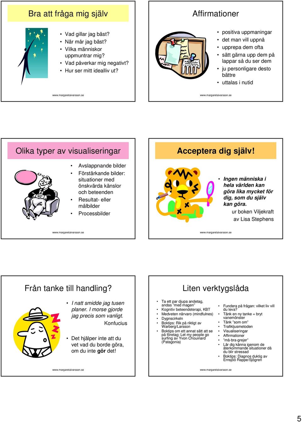 Förstärkande bilder: situationer med önskvärda känslor och beteenden Resultat- eller målbilder Processbilder Acceptera dig själv!