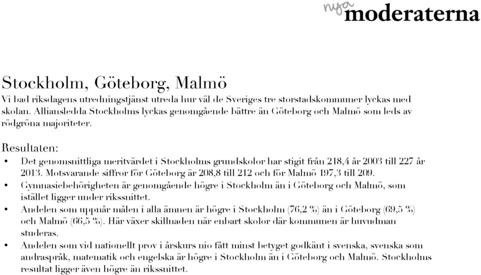 Resultaten: Det genomsnittliga meritvärdet i Stockholms grundskolor har stigit från 218,4 år 2003 till 227 år 2013. Motsvarande siffror för Göteborg är 208,8 till 212 och för Malmö 197,3 till 209.