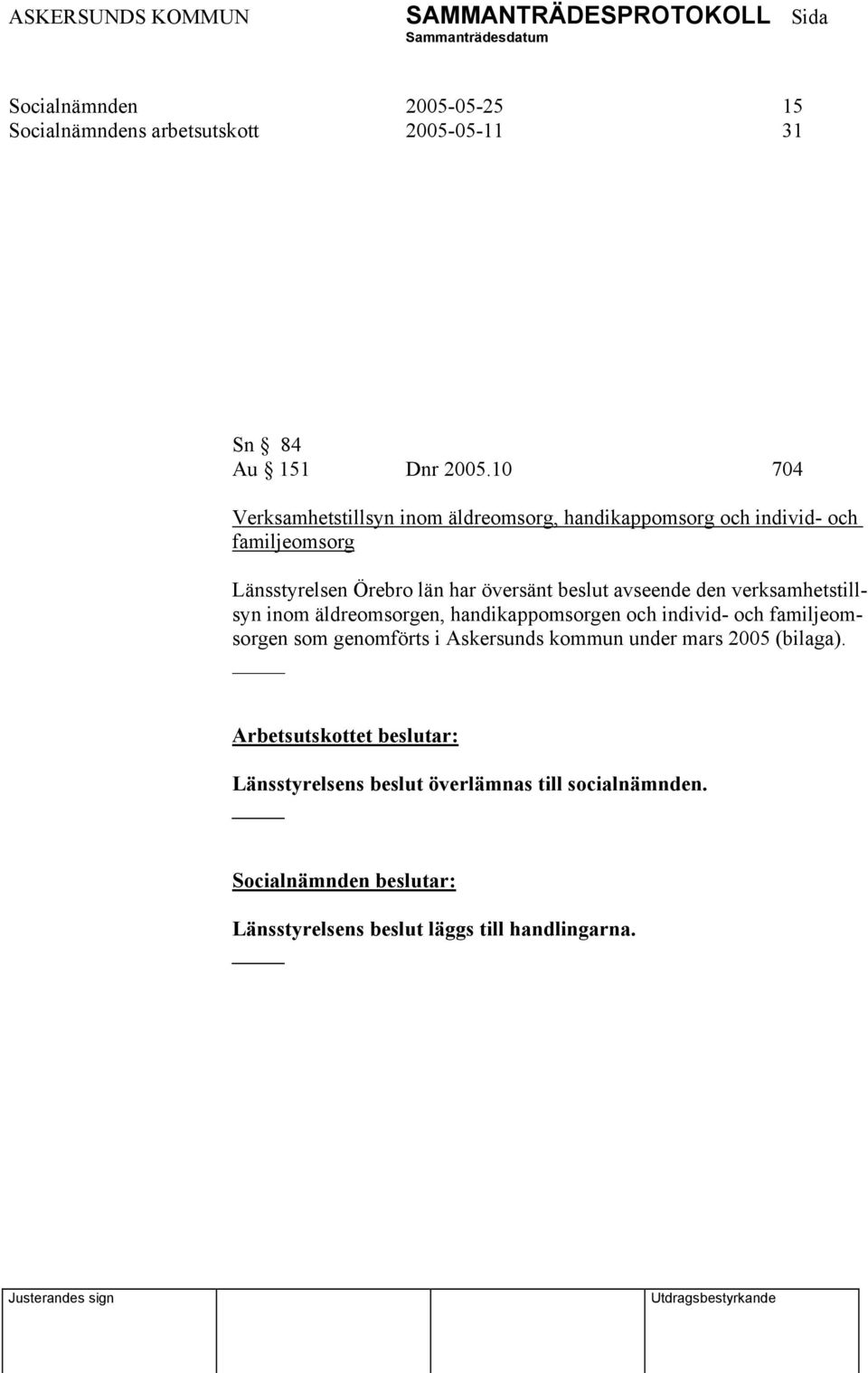 beslut avseende den verksamhetstillsyn inom äldreomsorgen, handikappomsorgen och individ- och familjeomsorgen som genomförts i