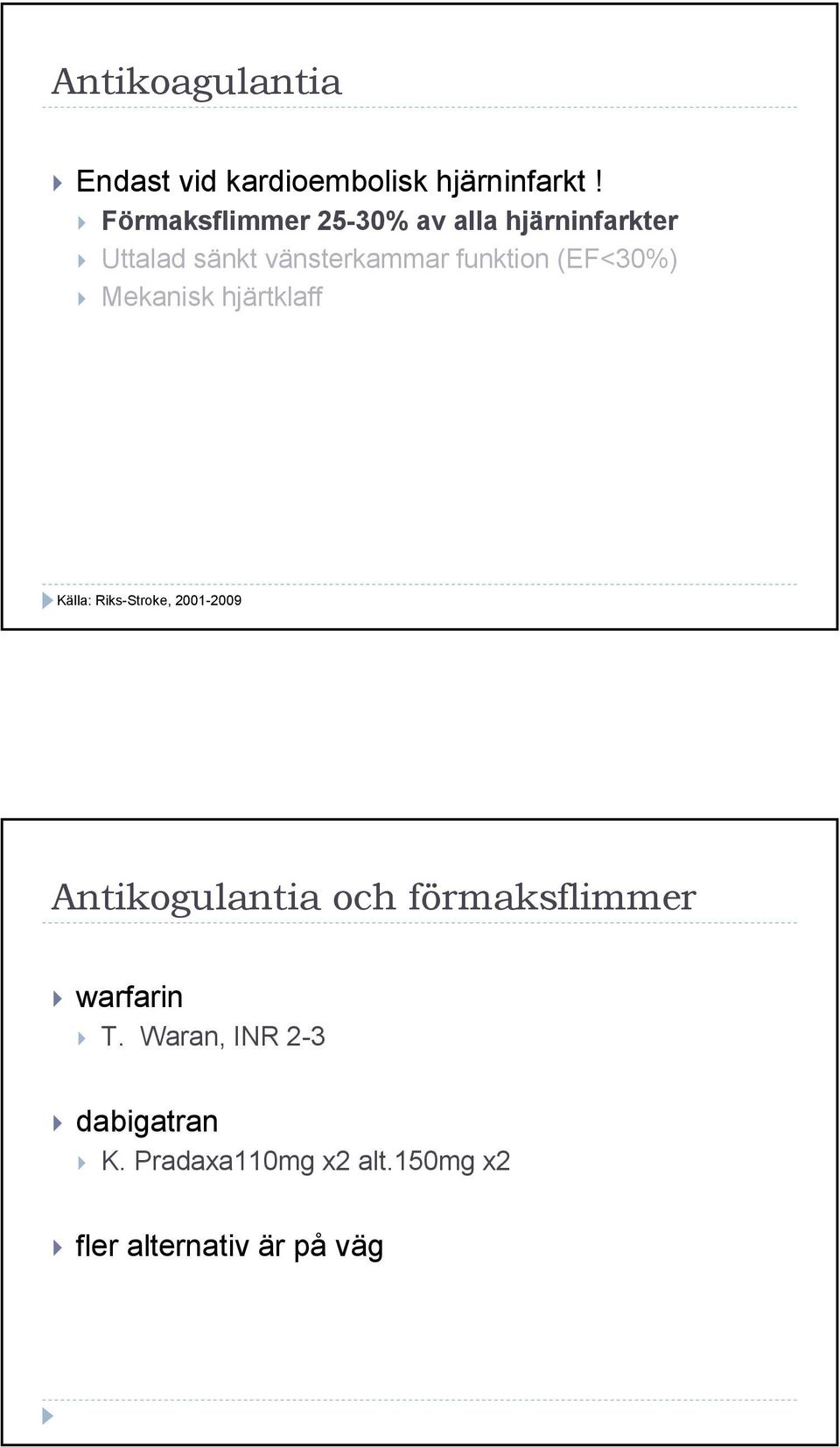 (EF<30%) Mekanisk hjärtklaff Källa: Riks-Stroke, 2001-2009 Antikogulantia och