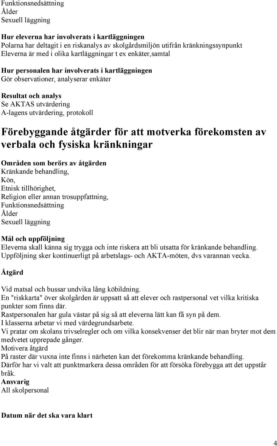 Förebyggande åtgärder för att motverka förekomsten av verbala och fysiska kränkningar Områden som berörs av åtgärden Kränkande behandling, Kön, Etnisk tillhörighet, Religion eller annan