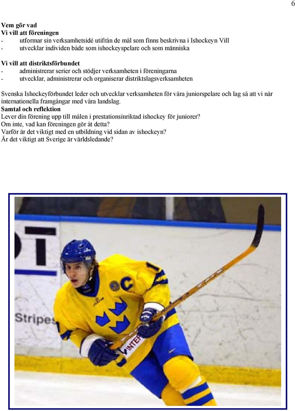 Ishockeyförbundet leder och utvecklar verksamheten för våra juniorspelare och lag så att vi når internationella framgångar med våra landslag.