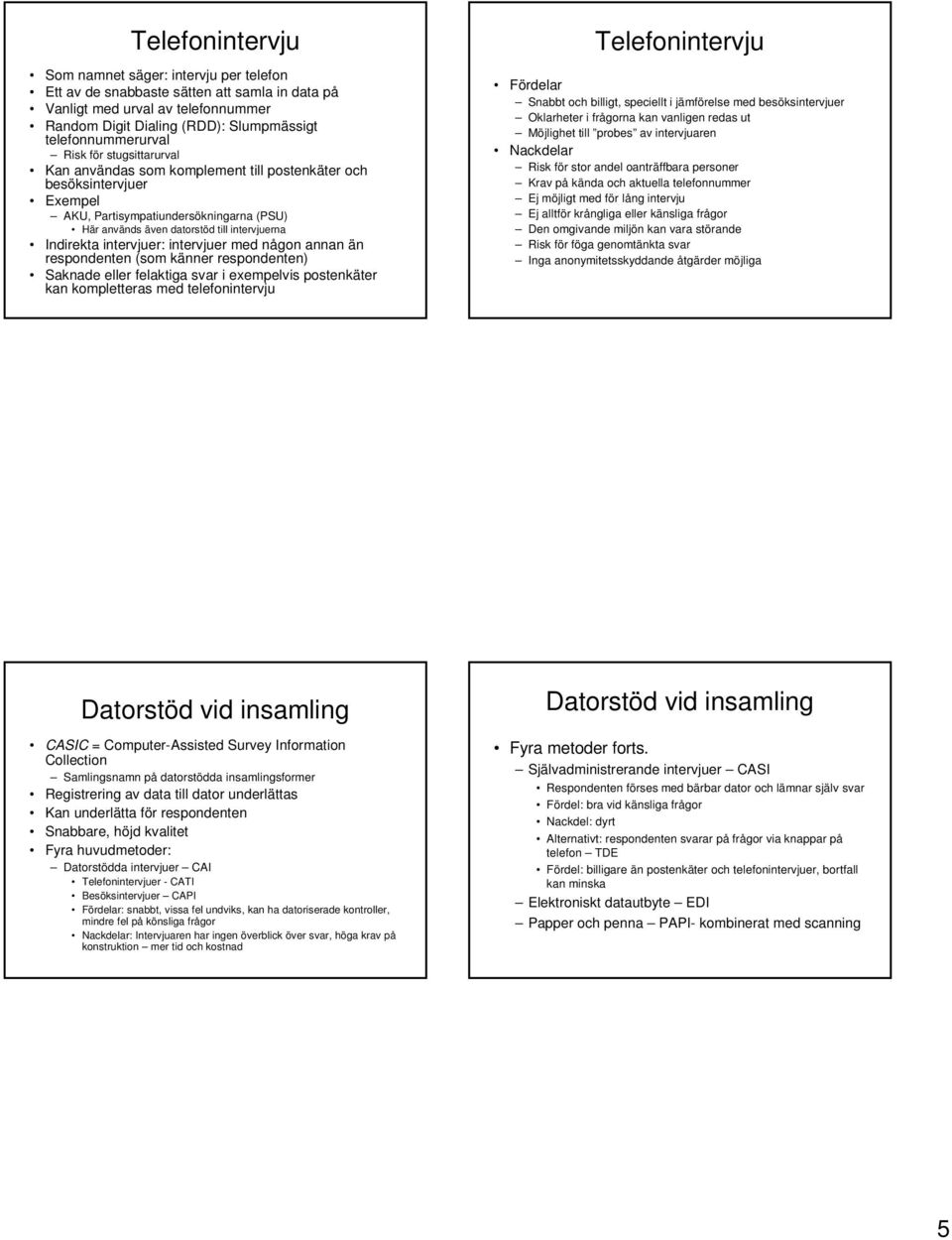 intervjuer: intervjuer med någon annan än respondenten (som känner respondenten) Saknade eller felaktiga svar i exempelvis postenkäter kan kompletteras med telefonintervju Telefonintervju Snabbt och