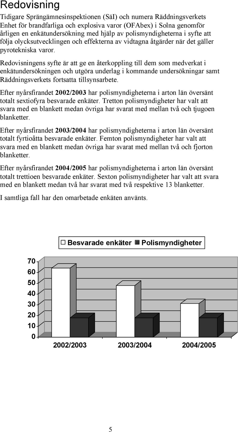Redovisningens syfte är att ge en återkoppling till dem som medverkat i enkätundersökningen och utgöra underlag i kommande undersökningar samt Räddningsverkets fortsatta tillsynsarbete.