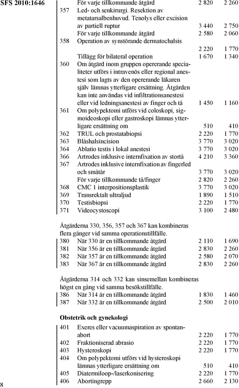 Om åtgärd inom gruppen opererande specialiteter utförs i intravenös eller regional anestesi som lagts av den opererande läkaren själv lämnas ytterligare ersättning.