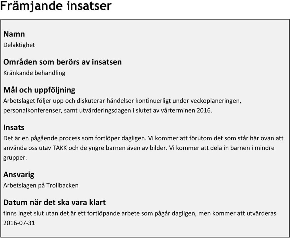 Insats Det är en pågående process som fortlöper dagligen. Vi kommer att förutom det som står här ovan att använda oss utav TAKK och de yngre barnen även av bilder.