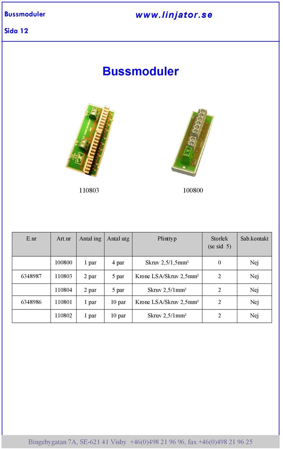 kontakt (se sid 5) 100800 1 par 4 par Skruv 2,5/1,5mm² 0 Nej 6348987 110803 2 par 5 par