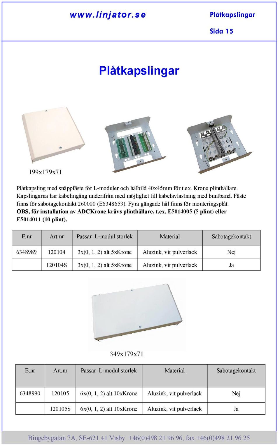 OBS, för installation av ADCKrone krävs plinthållare, t.ex. E5014005 (5 plint) eller E5014011 (10 plint). E.nr Art.