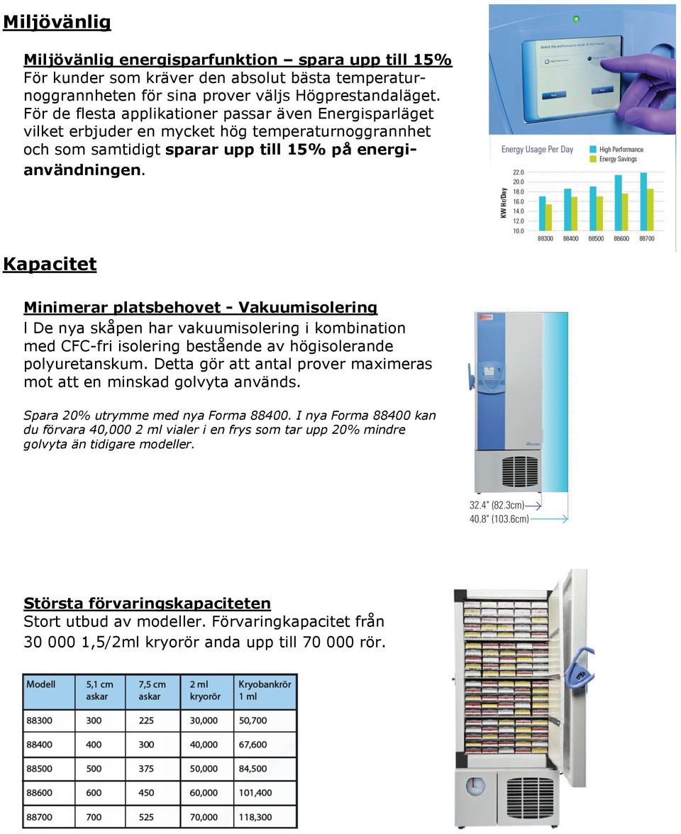 Kapacitet Minimerar platsbehovet - Vakuumisolering l De nya skåpen har vakuumisolering i kombination med CFC-fri isolering bestående av högisolerande polyuretanskum.