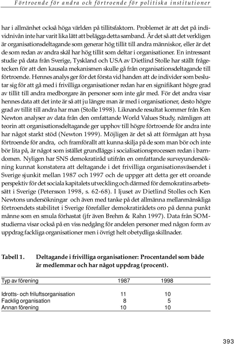 En intressant studie på data från Sverige, Tyskland och USA av Dietlind Stolle har ställt frågetecken för att den kausala mekanismen skulle gå från organisationsdeltagande till förtroende.