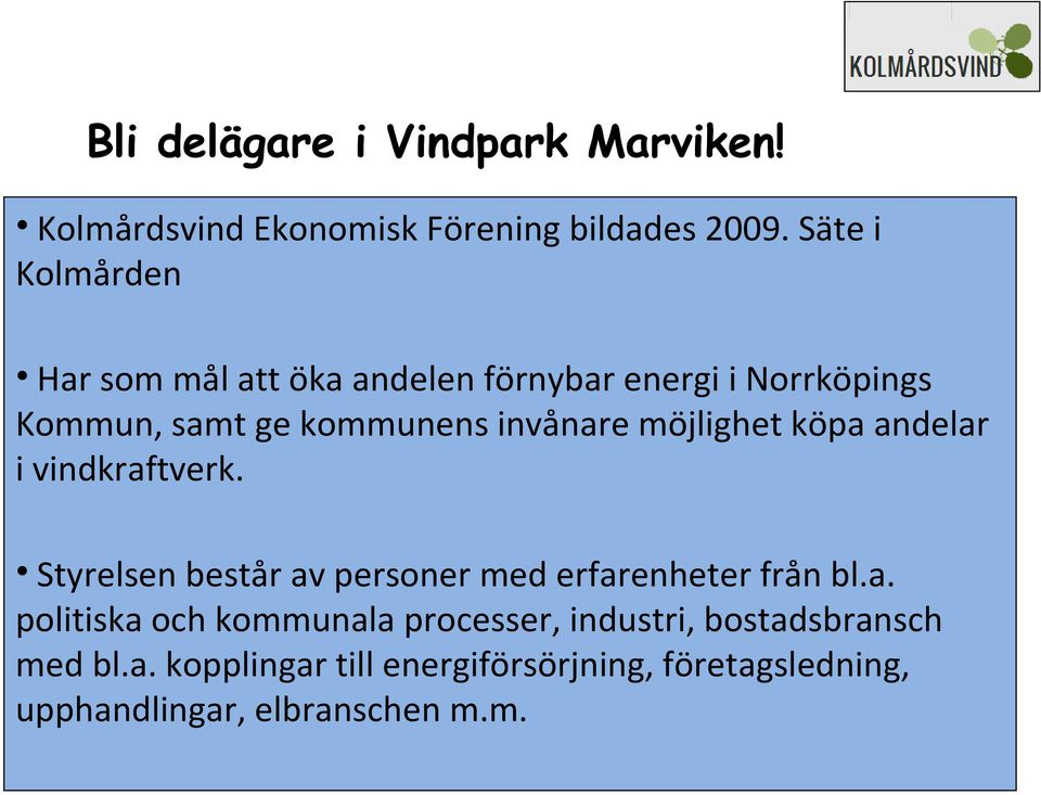 möjlighet köpa andelar i vindkraftverk. Styrelsen består av personer med erfarenheter från bl.a. politiska och kommunala processer, industri, bostadsbransch med bl.