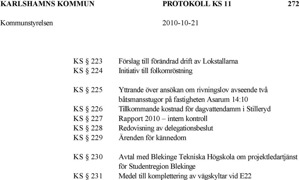 fastigheten Asarum 14:10 Tillkommande kostnad för dagvattendamm i Stilleryd Rapport 2010 intern kontroll Redovisning av delegationsbeslut