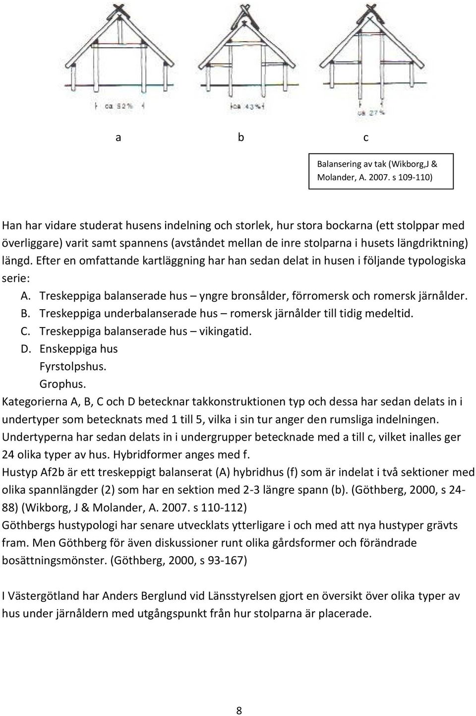 längd. Efter en omfattande kartläggning har han sedan delat in husen i följande typologiska serie: A. Treskeppiga balanserade hus yngre bronsålder, förromersk och romersk järnålder. B.