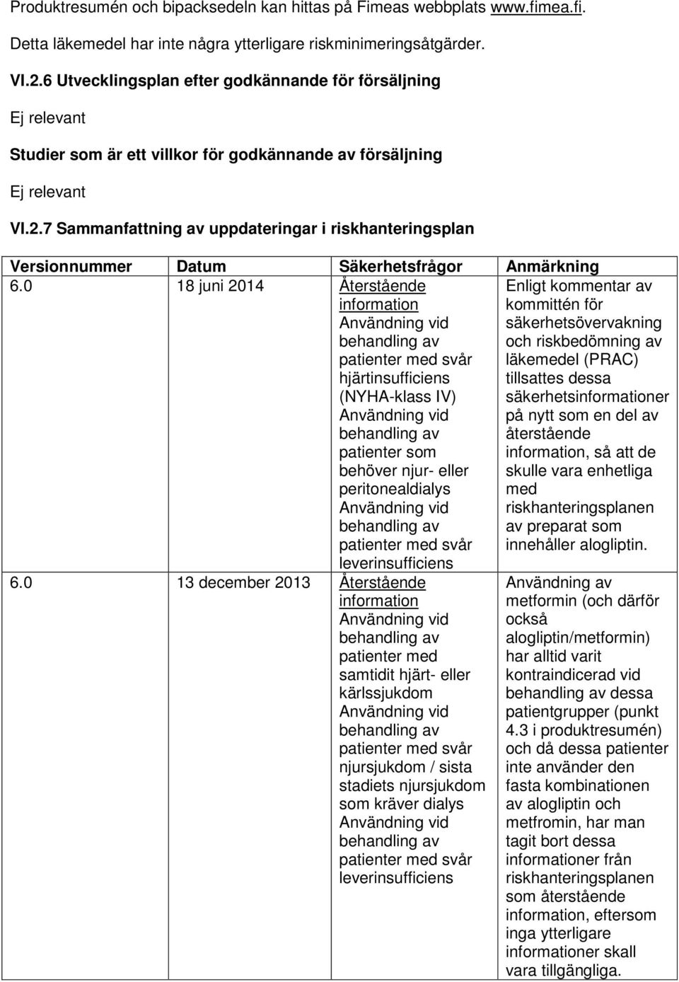 7 Sammanfattning av uppdateringar i riskhanteringsplan Versionnummer Datum Säkerhetsfrågor Anmärkning 6.