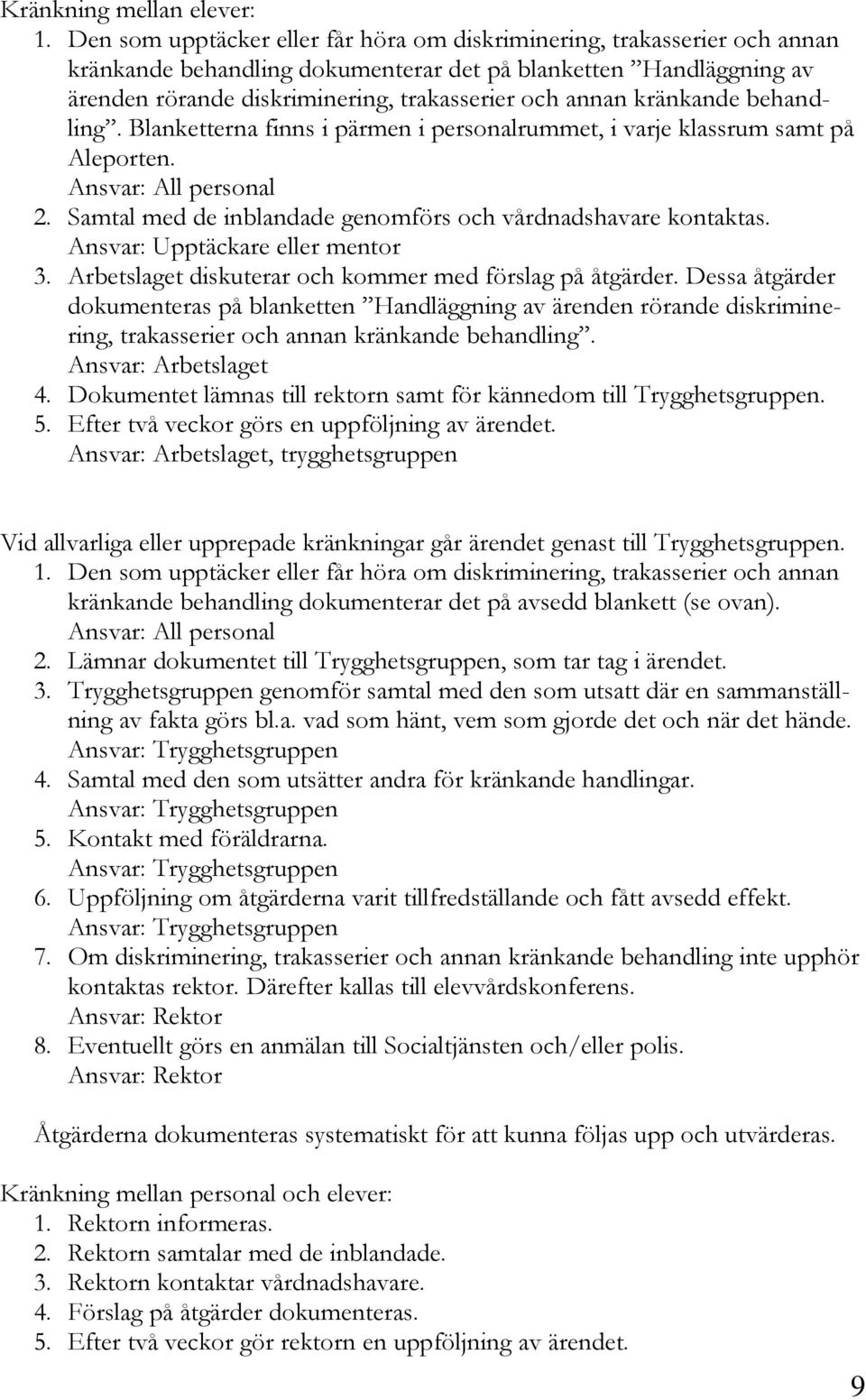 kränkande behandling. Blanketterna finns i pärmen i personalrummet, i varje klassrum samt på Aleporten. Ansvar: All personal 2. Samtal med de inblandade genomförs och vårdnadshavare kontaktas.