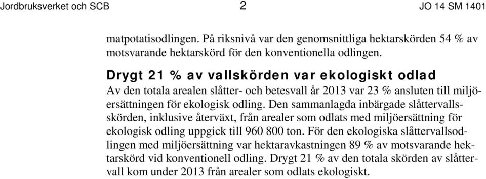 Den sammanlagda inbärgade slåttervallsskörden, inklusive återväxt, från arealer som odlats med miljöersättning för ekologisk odling uppgick till 960 800 ton.