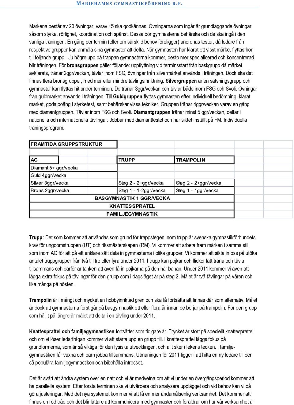 En gång per termin (eller om särskild behov föreligger) anordnas tester, då ledare från respektive grupper kan anmäla sina gymnaster att delta.