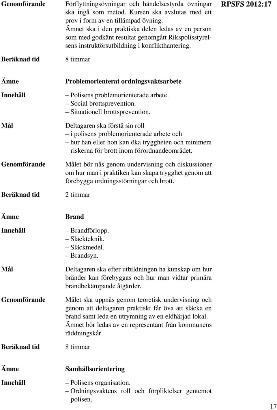 8 timmar RPSFS 2012:17 Ämne Innehåll Mål Genomförande Problemorienterat ordningsvaktsarbete Polisens problemorienterade arbete. Social brottsprevention. Situationell brottsprevention.