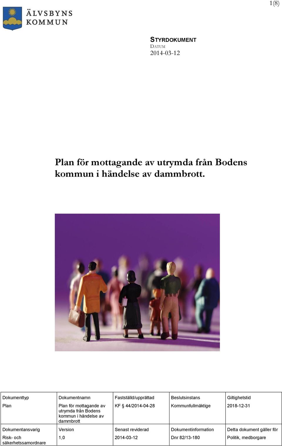 Bodens kommun i händelse av dammbrott KF 44/2014-04-28 Kommunfullmäktige 2018-12-31 Dokumentansvarig Version Senast