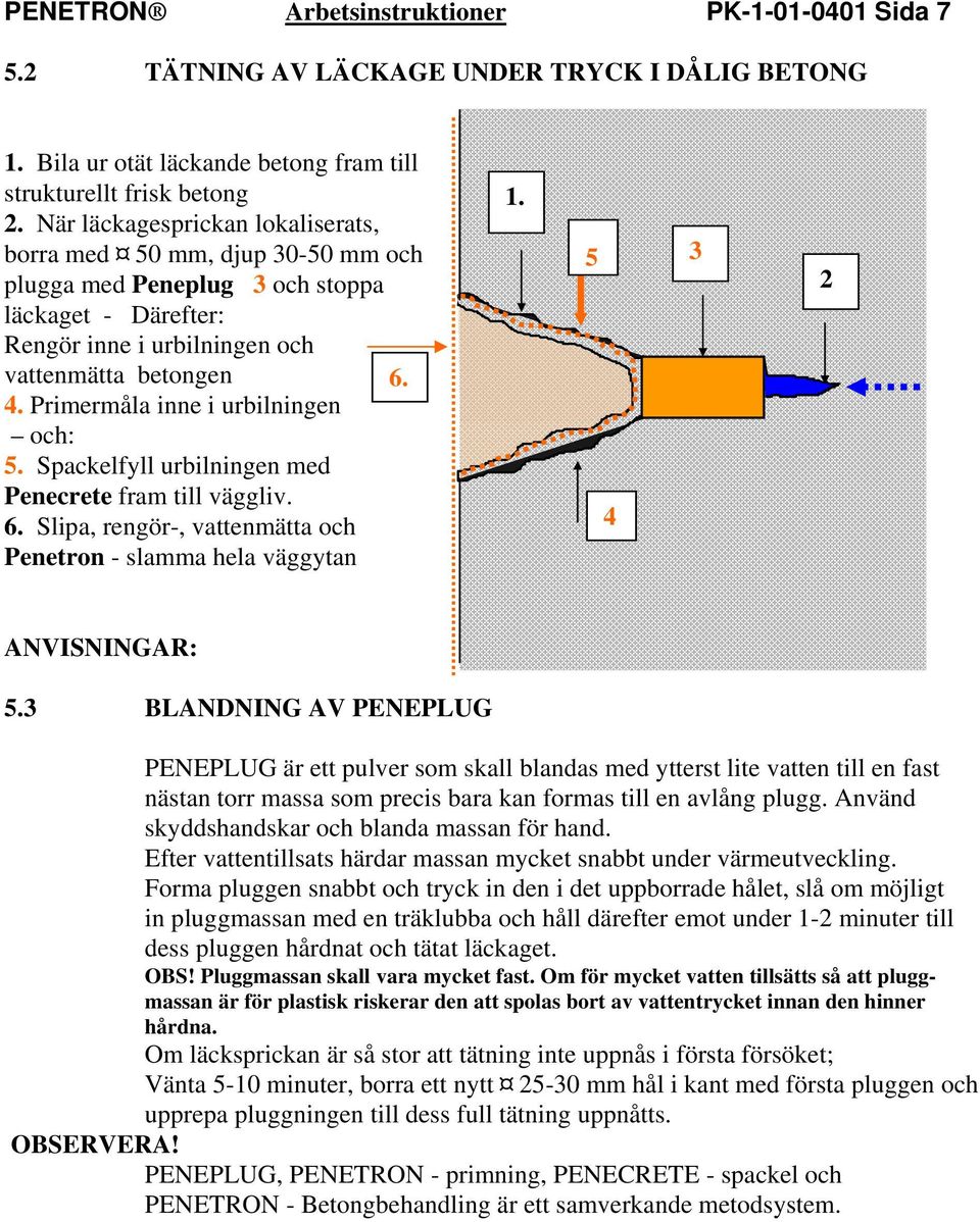 ) och: 5. Spackelfyll urbilningen med 5. Penecrete fram till väggliv. 6. Slipa, rengör-, vattenmätta och Penetron - slamma hela väggytan 5 4 3 2 ANVISNINGAR: 5.