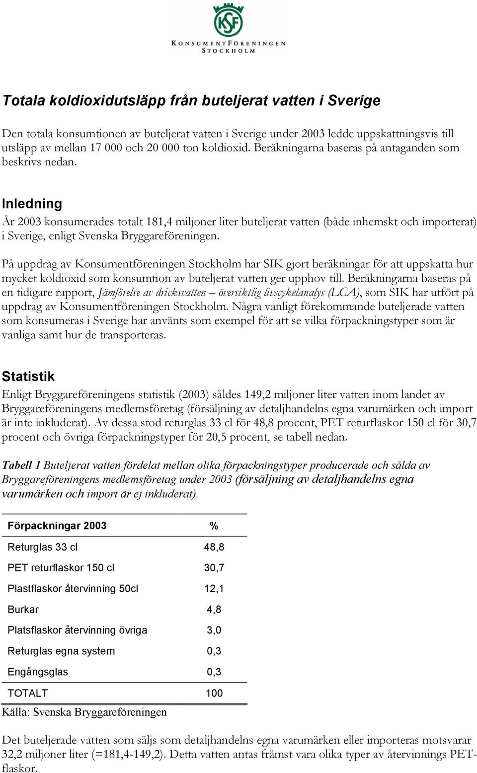 Inledning År 2003 konsumerades totalt 181,4 miljoner liter buteljerat vatten (både inhemskt och importerat) i Sverige, enligt Svenska Bryggareföreningen.