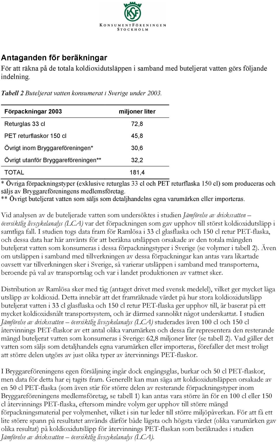 förpackningstyper (exklusive returglas 33 cl och PET returflaska 150 cl) som produceras och säljs av Bryggareföreningens medlemsföretag.