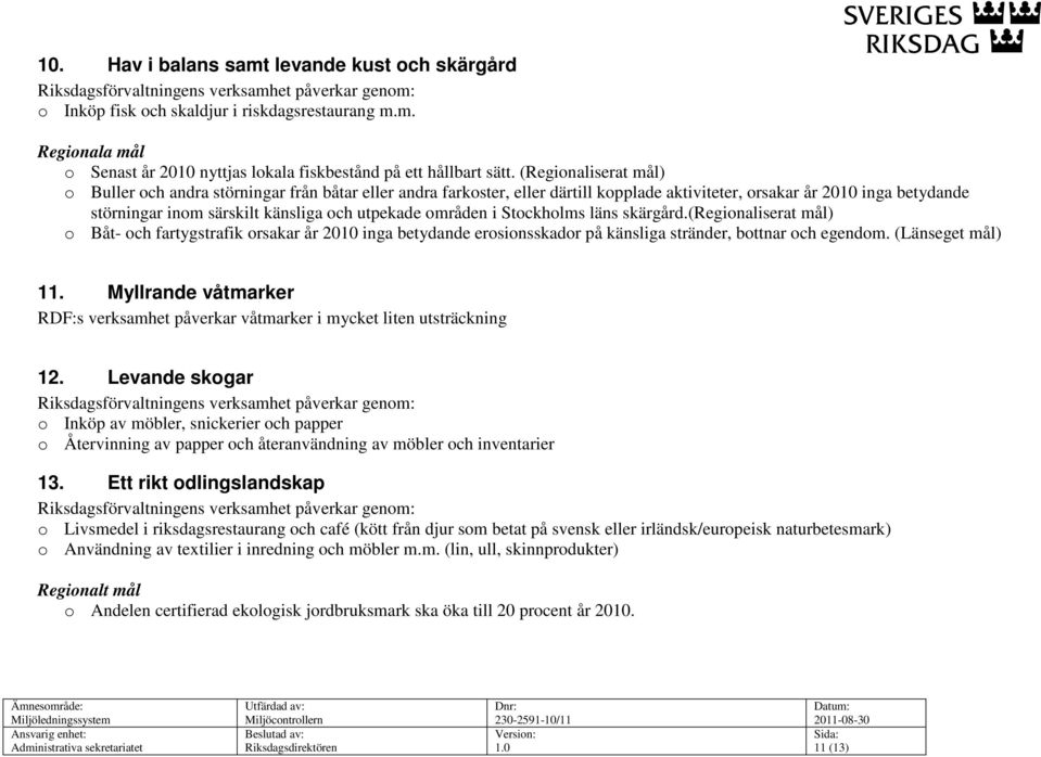 områden i Stockholms läns skärgård.(regionaliserat mål) o Båt- och fartygstrafik orsakar år 2010 inga betydande erosionsskador på känsliga stränder, bottnar och egendom. (Länseget mål) 11.