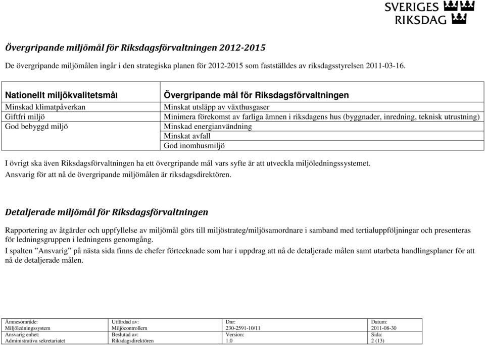 riksdagens hus (byggnader, inredning, teknisk utrustning) Minskad energianvändning Minskat avfall God inomhusmiljö I övrigt ska även Riksdagsförvaltningen ha ett övergripande mål vars syfte är att