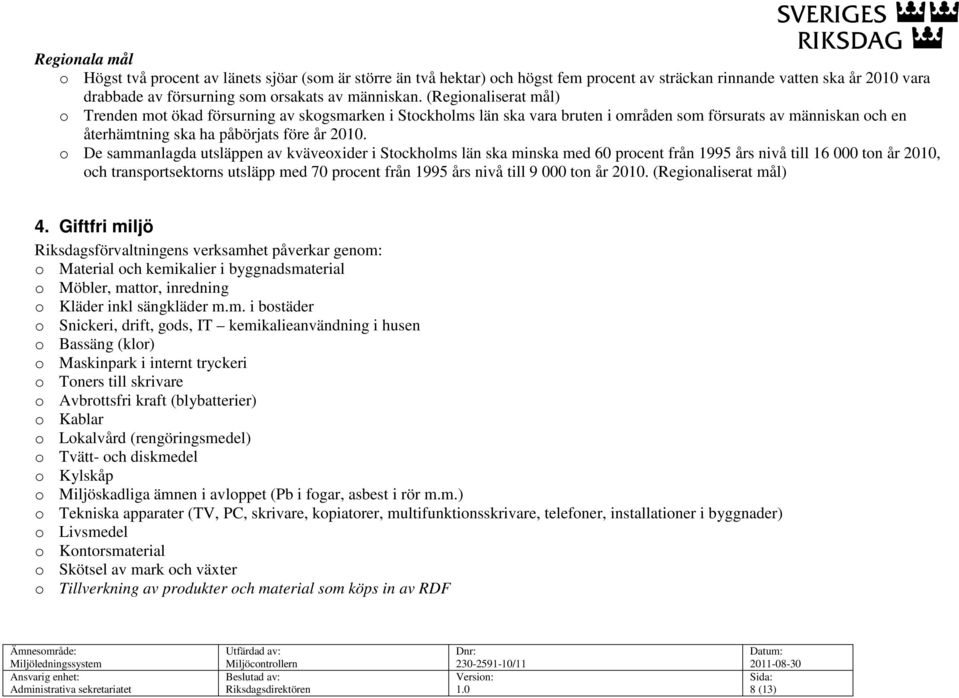 o De sammanlagda utsläppen av kväveoxider i Stockholms län ska minska med 60 procent från 1995 års nivå till 16 000 ton år 2010, och transportsektorns utsläpp med 70 procent från 1995 års nivå till 9