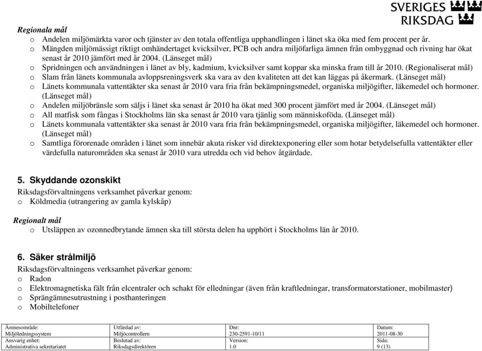 (Länseget mål) o Spridningen och användningen i länet av bly, kadmium, kvicksilver samt koppar ska minska fram till år 2010.