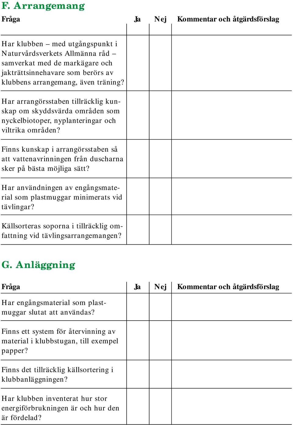 Finns kunskap i arrangörsstaben så att vattenavrinningen från duscharna sker på bästa möjliga sätt? Har användningen av engångsmaterial som plastmuggar minimerats vid tävlingar?