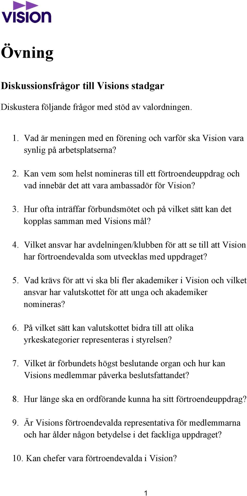 Hur ofta inträffar förbundsmötet och på vilket sätt kan det kopplas samman med Visions mål? 4.