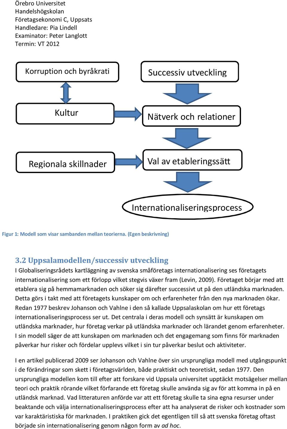 2 Uppsalamodellen/successiv utveckling I Globaliseringsrådets kartläggning av svenska småföretags internationalisering ses företagets internationalisering som ett förlopp vilket stegvis växer fram