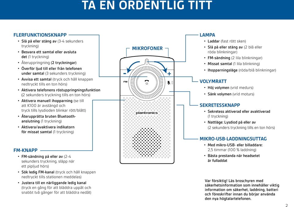 hörs) Aktivera manuell ihopparning (se till att K100 är avstängd och tryck tills lysdioden blinkar rött/blått) Återupprätta bruten Bluetoothanslutning (1 tryckning) Aktivera/avaktivera indikatorn för