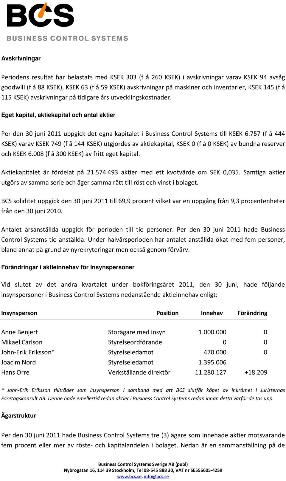 Eget kapital, aktiekapital och antal aktier Per den 30 juni 2011 uppgick det egna kapitalet i Business Control Systems till KSEK 6.